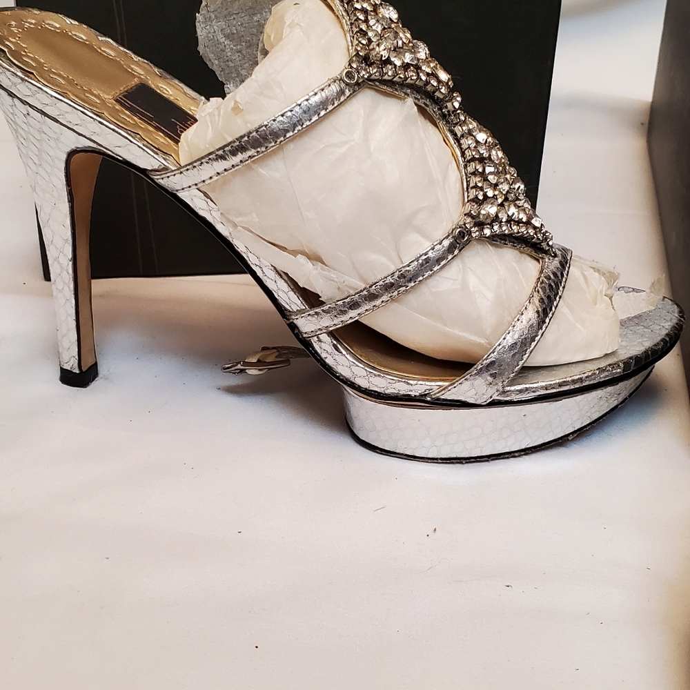 "Glint" silver platform snakeskin leather sandals